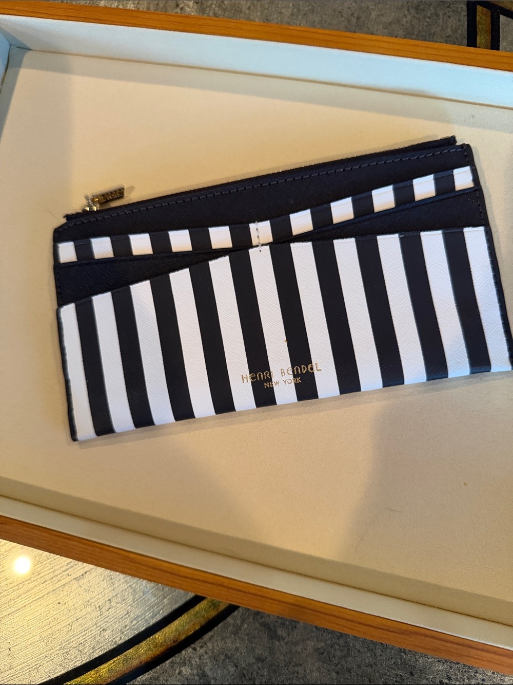 henri Bendel NY Black and White Stripe Card Pouchette with Gold Logo